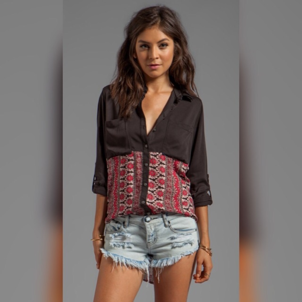Free People Welcome to the Jungle Shirt Button Down Washed Black Red Rayon
